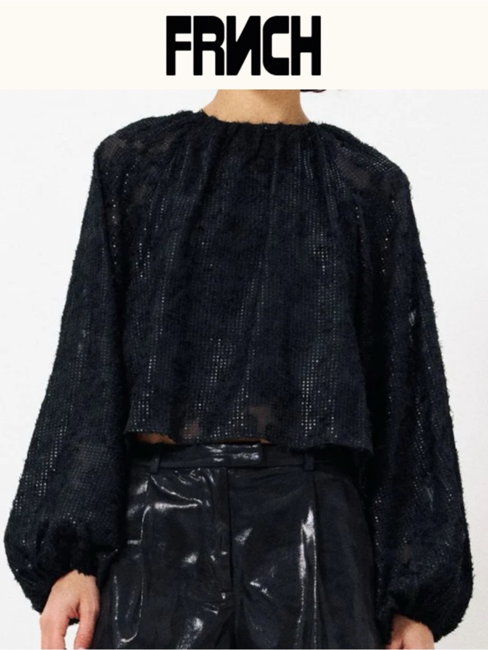 FRNCH PARIS EDMEE BLACK TEXTURED JACQUARD CROPPED BLOUSE WITH BALLOON SLEEVES